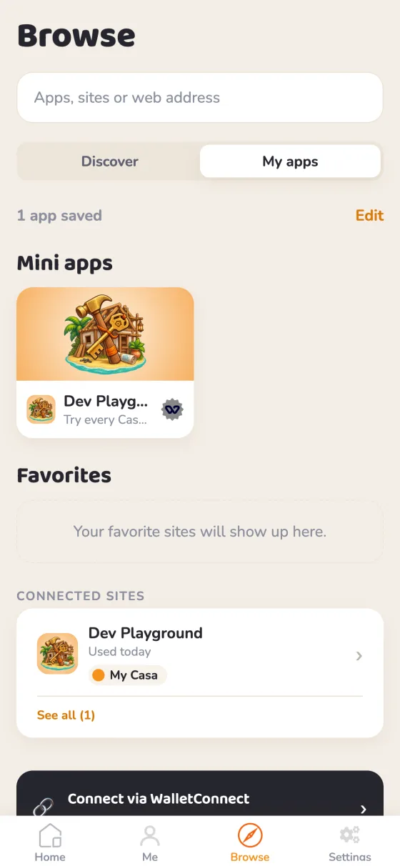 Browse › My apps in Casa Tookan: the Dev Playground saved as an app, with its banner, icon, name and subtitle