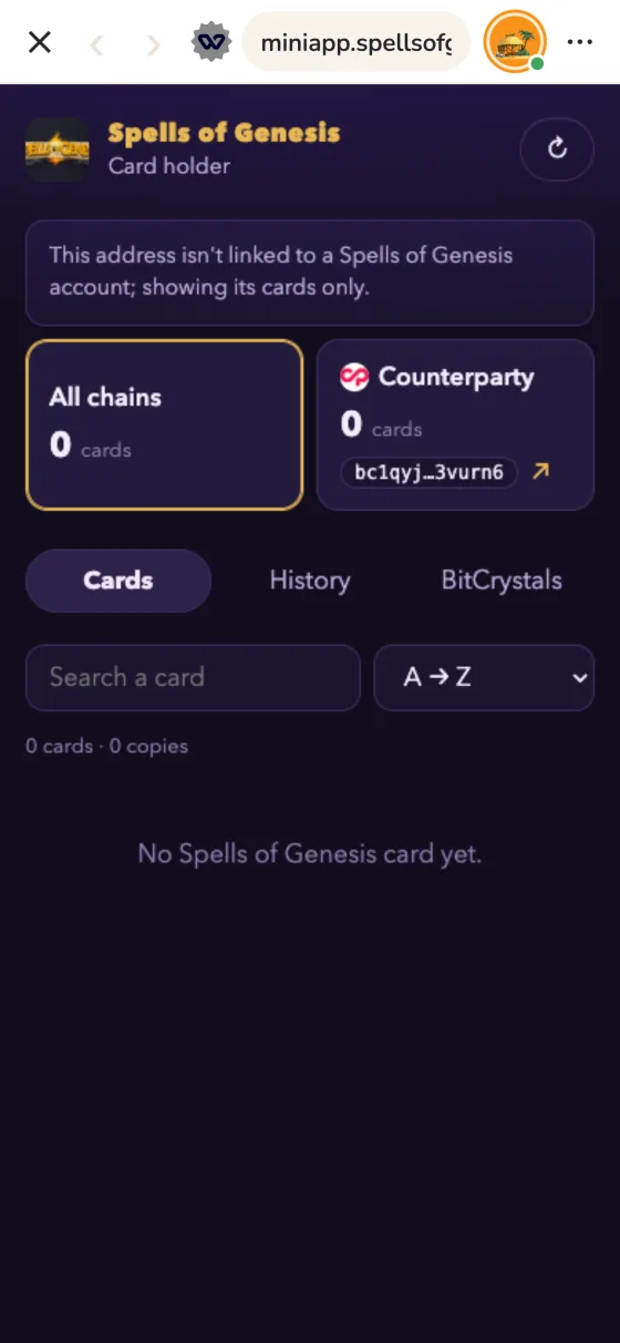 Spells of Genesis running in Casa Tookan's browser, connected, the casa pill in the address bar